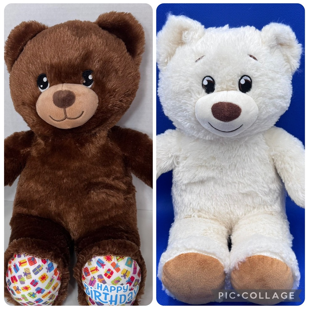 Build-A-Bear Happy Birthday Brown Teddy Bear & White Plush Set Lot of 2 BAB Gift